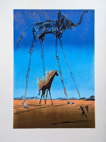 Surrealist Conposition-Elephant and Girafe in Flames, Color lithograph with gold dust pigments on Arches paper par Salvador Dalí, Œuvre sur papier en vente sur Singulart
