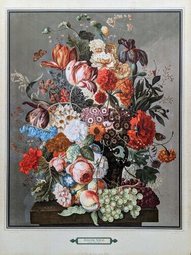 Still Life With Flowers, Butterflies And Fruits - Original Lithograph in Colors, signed in the plate, 1943 by Joseph Nigg, Work on Paper for Sale on Singulart