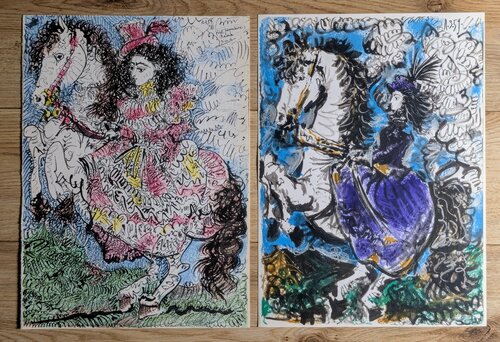 The Knight Woman/Jacqueline Riding -  Two Color Lithographic impressions, 1961 von Pablo Picasso, Werk auf Papier kaufen auf Singulart