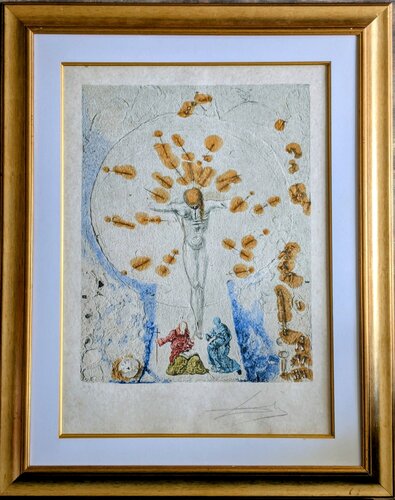 Hand-Signed embossed etching and aquatint in colors with goldleaf, 1961-Christ Crucified / L'Hostie (Christ crucifié), 1961 by Salvador Dalí, Work on Paper for Sale on Singulart