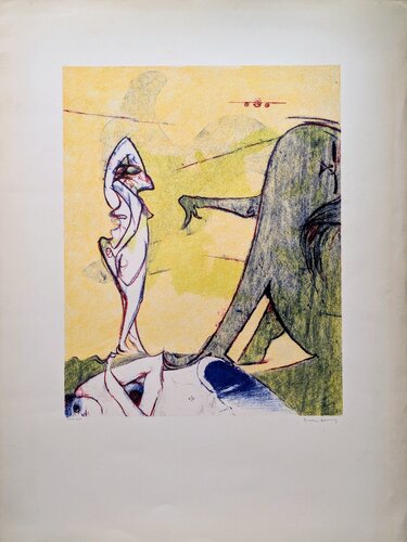 Hand-Signed Lithograph in Colors, 1974-Surrealist Composition with characters (Hommage a Max Ernst),  1974 van Dorothea Tanning, Werk op papier te koop op Singulart