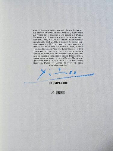 Picasso Hand Signed-Le destin du ballet d'opera-Serge Lifar and Pablo Picasso, 1971 par Pablo Picasso, Œuvre sur papier en vente sur Singulart