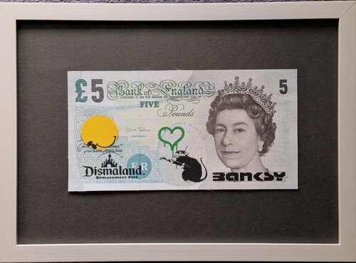 Dismal Canvas Rat with green heart - 5 pounds note on canvas, 2015 by Banksy, Print for Sale on Singulart