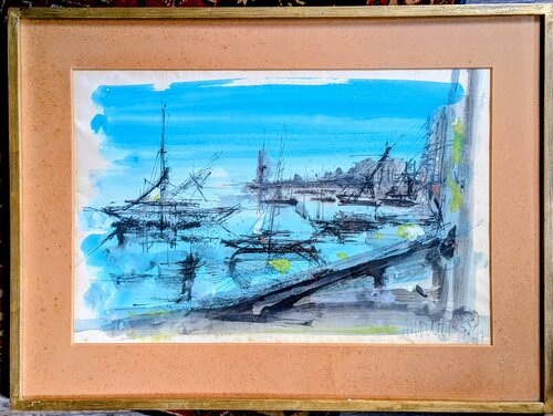 Marine Landscape - Hand-Signed gouache with  watercolour, di Raymond Moretti, Opera su carta in vendita su Singulart