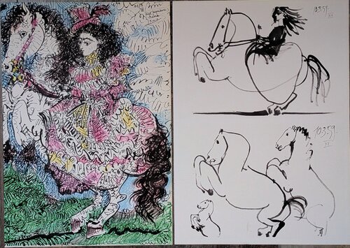 Jacqueline riding- 2 Color lithographs, signed and dated, 1961 by Pablo Picasso, Work on Paper for Sale on Singulart