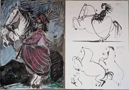 Jacqueline riding- 2 Color lithographs, signed and dated, 1961 van Pablo Picasso, Werk op papier te koop op Singulart
