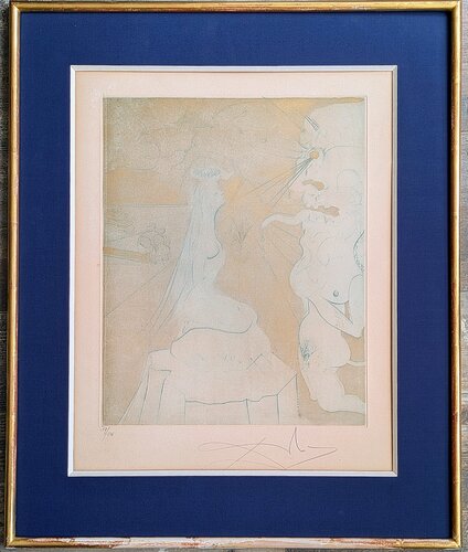 Salvador DALI Original Hand-Signed and hand-coloured Drypoint  Etching with Gold foil-"Femme au Poussin", 1969 par Salvador Dalí, Œuvre sur papier en vente sur Singulart