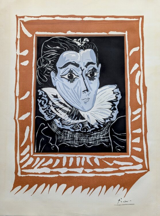 La Dame à la Collerette (Jacqueline), Rare Original Linocut and Silkscreen in colors, 1970's Pablo Picasso
