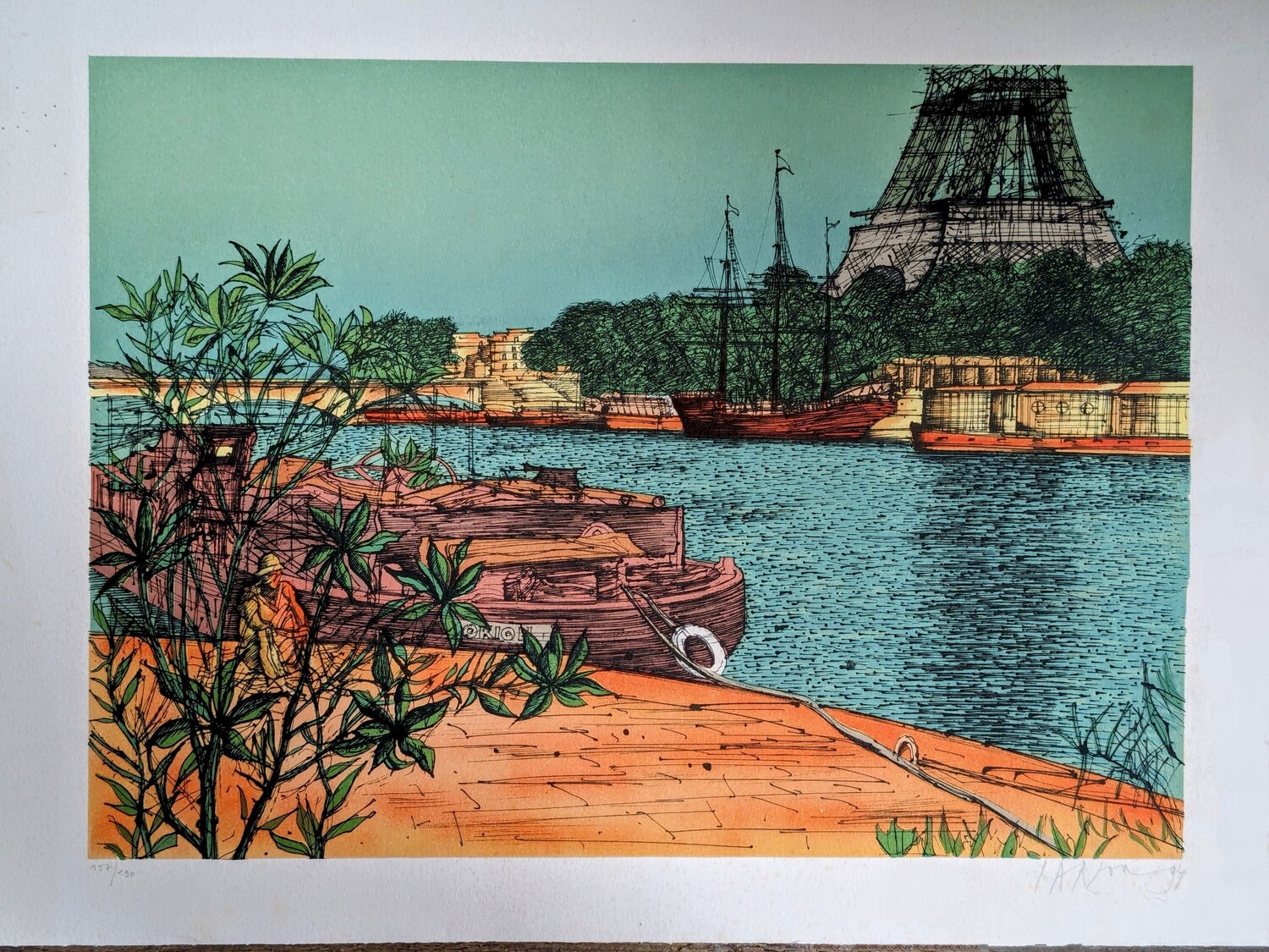 Seine and Eiffel Tower, Hand-Signed Lithograph, 1994 Jean Carzou