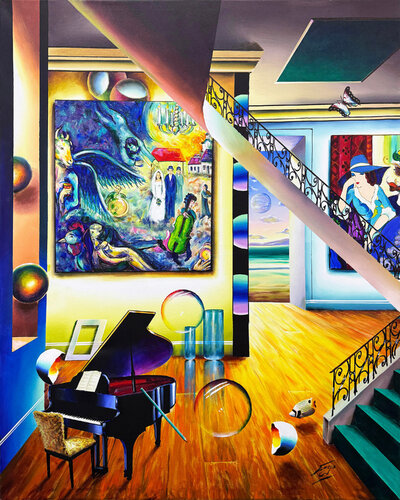 Homage to Chagall, Huge Original Painting on Canvas, Hand Signed, Surrealism by Ferjo, Painting for Sale on Singulart