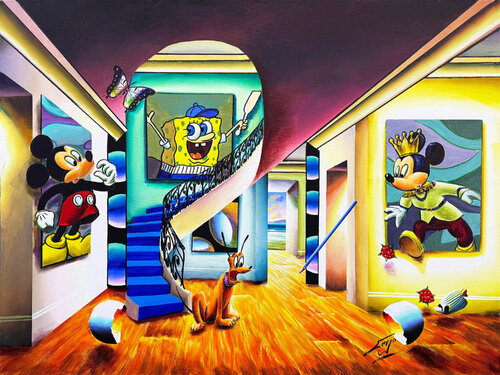 Homage To Disney, Large Original Painting on Canvas, Hand Signed, Mickey Minnie by Ferjo, Painting for Sale on Singulart