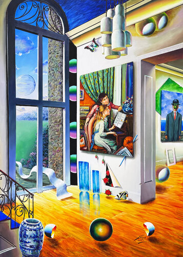 Grand Window, Huge Original Painting on Canvas, Signed, Surrealism, 70 x 50 in. by Ferjo, 絵画 for Sale on Singulart