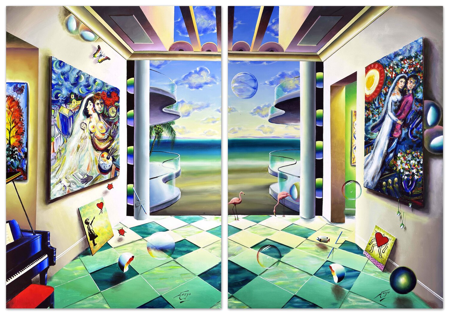 Surrealistic Scene (Diptych), huge original painting Ferjo Origineel schilderij te koop