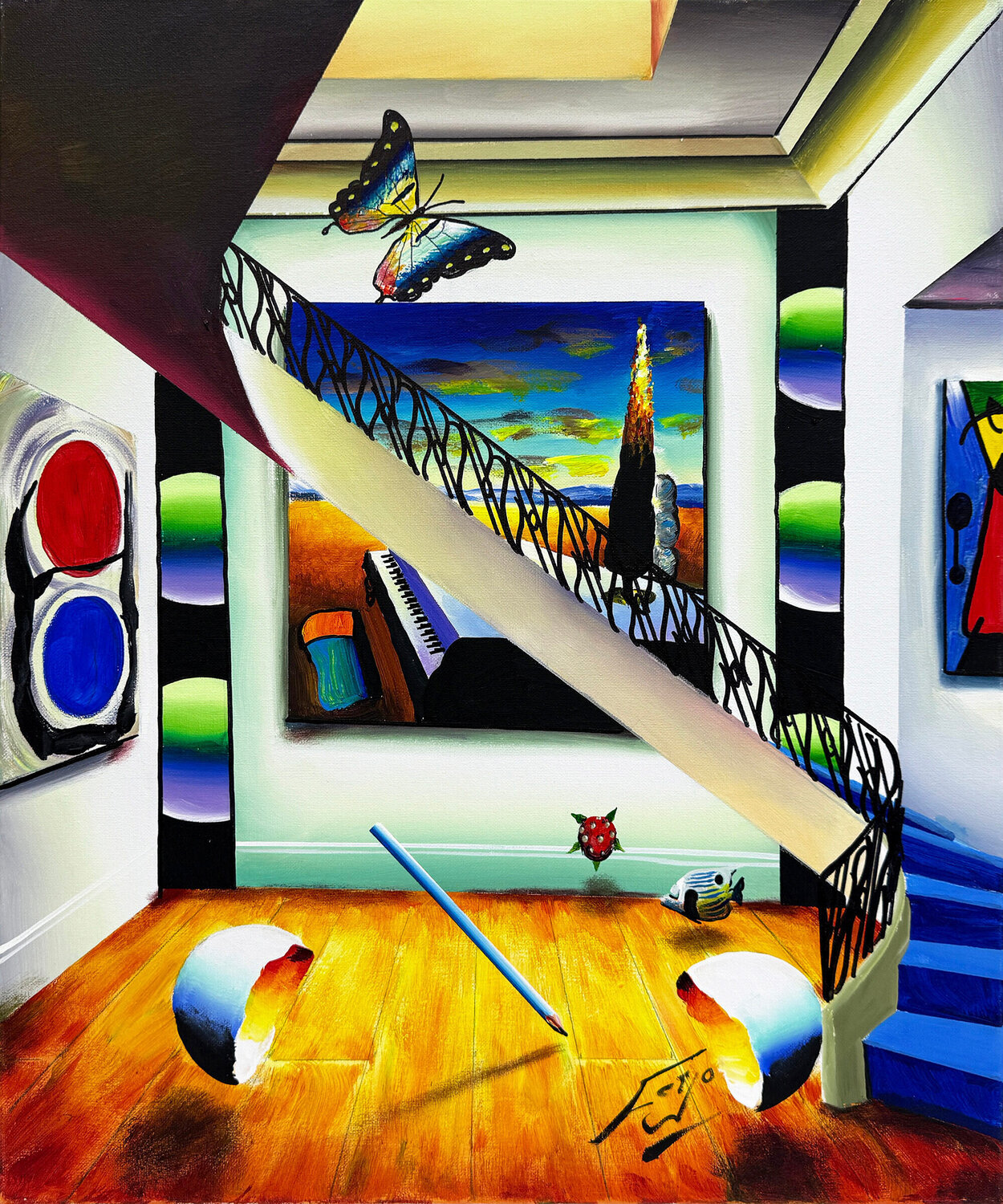 Blue Staircase (original painting on canvas) Ferjo Dipinto originale in vendita