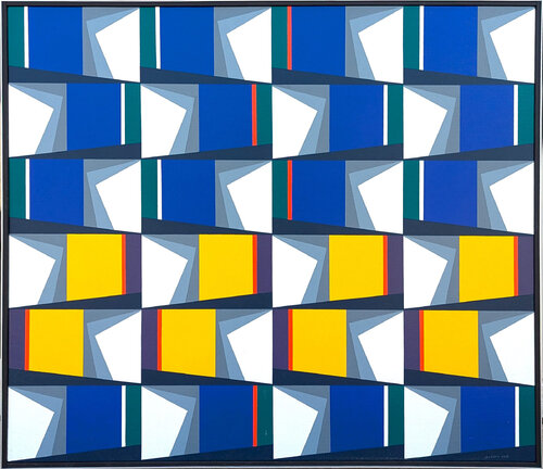 "Pintura Bidimensional No 896" Contemporary Geometric Blue & Yellow Abstract by Oswaldo Subero, 油畫 for Sale on Singulart