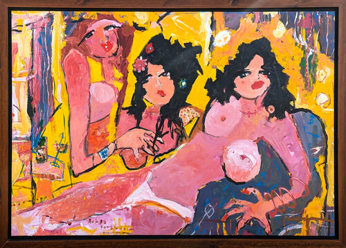 "Jacucci" Contemporary Abstract Pink & Yellow Expressionist Female Painting van Oswaldo Subero, Schilderij te koop op Singulart
