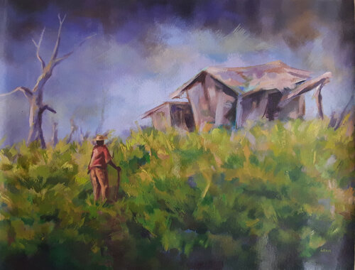 Once there was a cottage, green landscape artwork di Alex Mensah, Pittura in vendita su Singulart