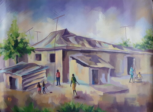 Village Scene, one Fine Afternoon par Alex Mensah, Peinture en vente sur Singulart