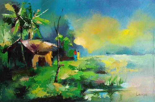 Peaceful village, sunset in the village von Alex Mensah, Malerei kaufen auf Singulart