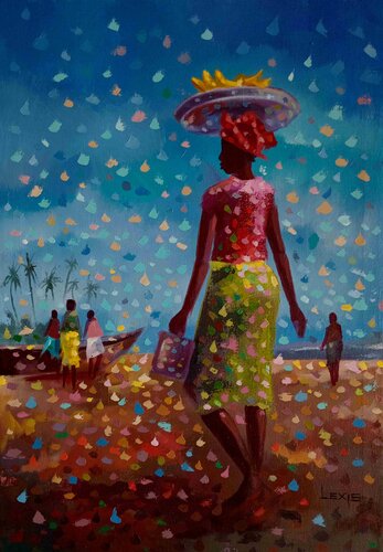 Bananas at the beach, beach painting van Alex Mensah, Schilderij te koop op Singulart