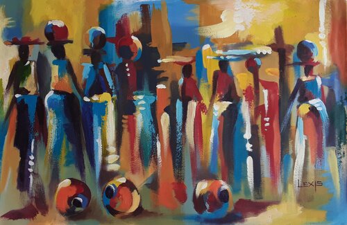 Colorful Market, African Market Art de Alex Mensah, Pintura a la venta en Singulart