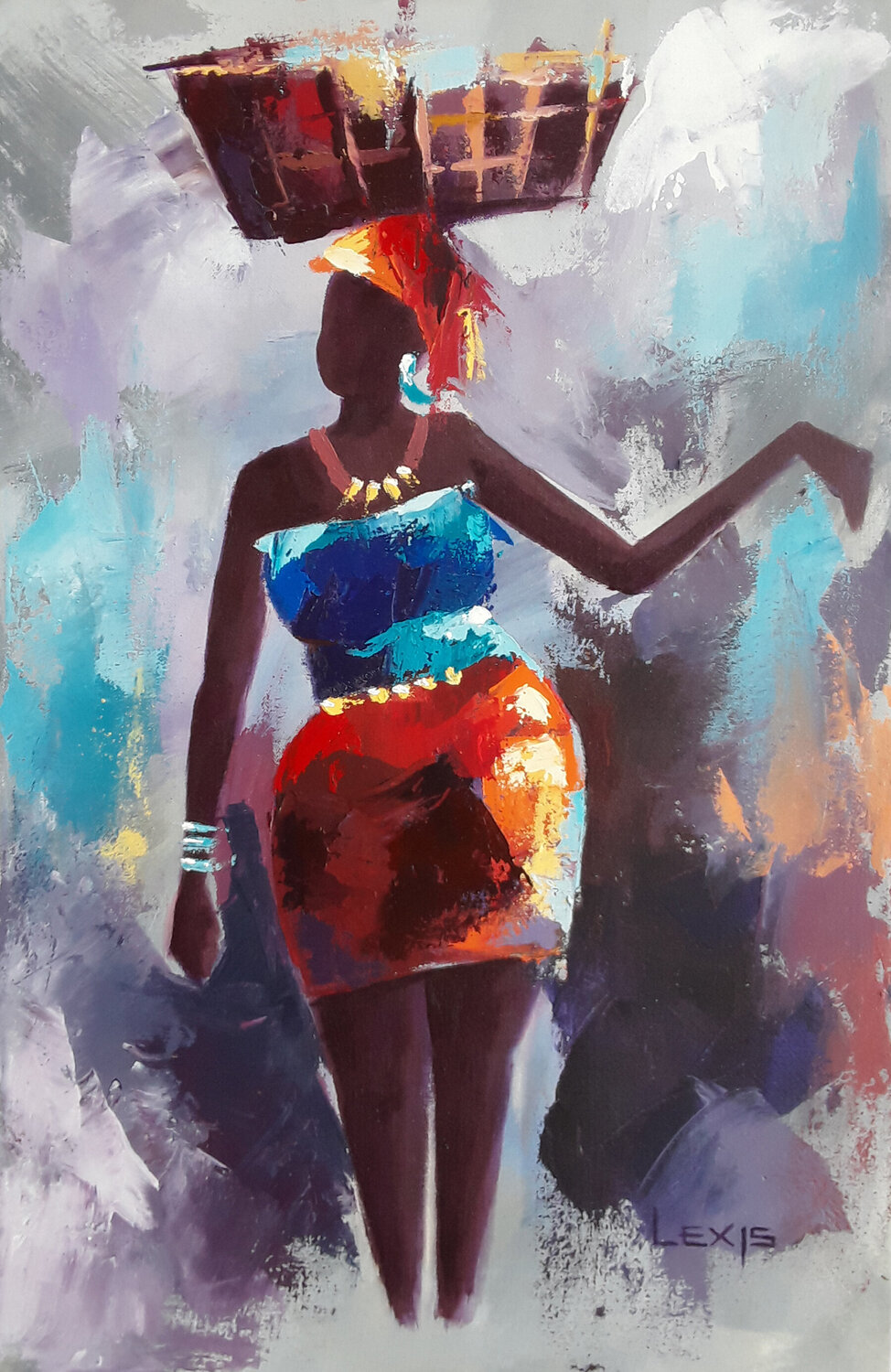 Beautiful African Model, colorful African artwork Alex Mensah Originalgemälde zu verkaufen