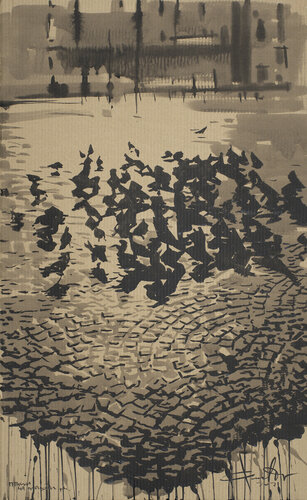 Birds on Dam Square di Dima Filatov, Pittura in vendita su Singulart