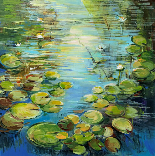 Summer reflection at the pond van Irina Laube, Schilderij te koop op Singulart