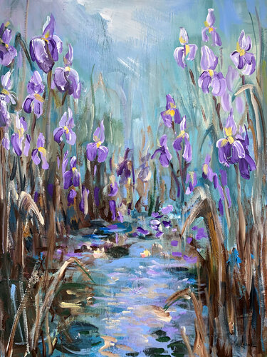 Irises at the pond di Irina Laube, Pittura in vendita su Singulart