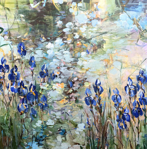 Blue irises at the pond II di Irina Laube, Pittura in vendita su Singulart