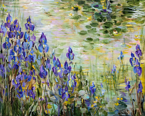 Blue irises at the pond III von Irina Laube, Malerei kaufen auf Singulart