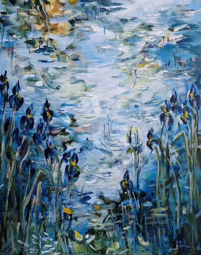 Blue irises at the blue pond di Irina Laube, Pittura in vendita su Singulart
