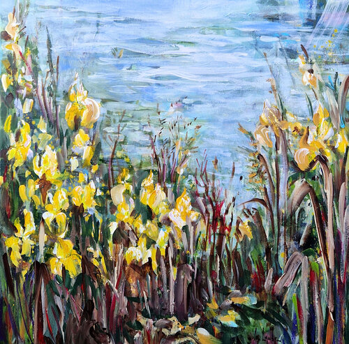 Irises at the pond von Irina Laube, Malerei kaufen auf Singulart