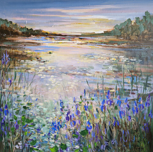 Blue irises at the evening pond von Irina Laube, Malerei kaufen auf Singulart