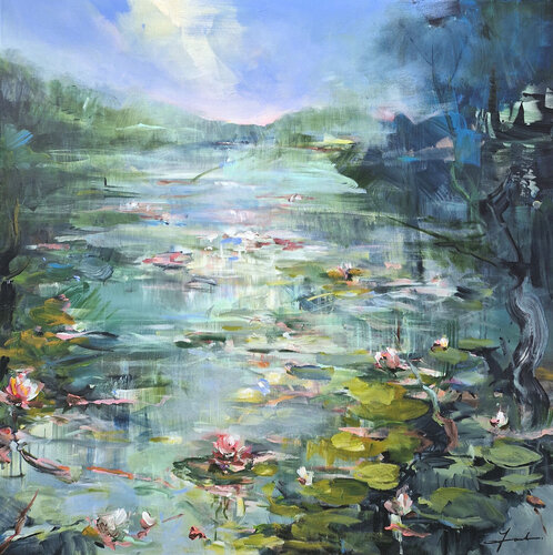 Water Lily Pond in Summer van Irina Laube, Schilderij te koop op Singulart