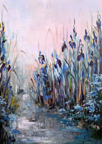Blue Irises at Dawn van Irina Laube, Schilderij te koop op Singulart