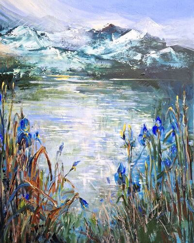 Blue irises at the lake van Irina Laube, Schilderij te koop op Singulart