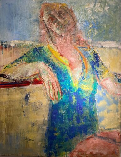 SEATED WOMAN ON THE SEASHORE - WOMAN SUNBATHING di Caroline Gallois, Pittura in vendita su Singulart