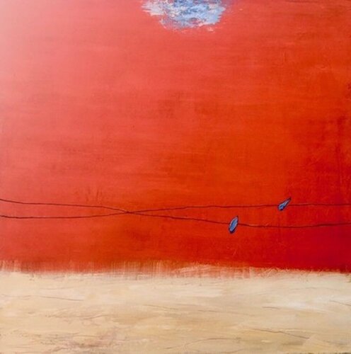 Birds on a Wire in Red Sky van Peggy Hinaekian, Schilderij te koop op Singulart