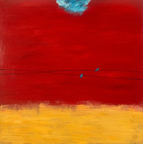 Birds on a Wire in Red Sky par Peggy Hinaekian, Peinture en vente sur Singulart