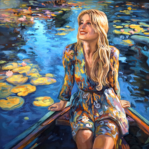 Journey among the water lilies at sunset di Gabriel Cristian Matei, Pittura in vendita su Singulart