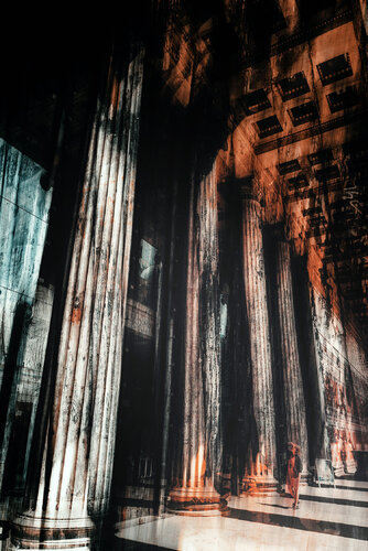 A girl (figure) walking between columns in Berlin. van ihsan Okur, Fotografie te koop op Singulart