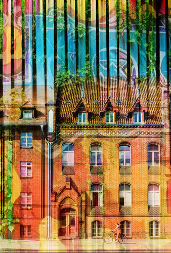 Historical architecture in Berlin and a girl on a bicycle entering the frame. Superimposed abstract sky. by ihsan Okur, 사진 for Sale on Singulart