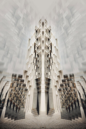 An architectural abstraction from Berlin, with people walking in front of the building and architectural details in the sky. van ihsan Okur, Fotografie te koop op Singulart