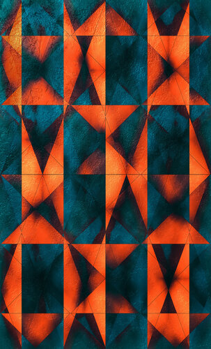 Orange triangles intersect and stone texture on dark blue background. Digital art product. Unique artwork. van ihsan Okur, Digitaal te koop op Singulart