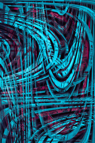 The lines curl to create an abstract composition. Turquoise-intensive blues and fiery reds. Abstract dream. Digital art product. von ihsan Okur, Digital kaufen auf Singulart