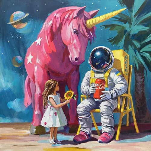 Cosmic Vibe - Pink Unicorn, Astronaut, and Girl with Sunflower par Mariia Kotiuzhynska, Peinture en vente sur Singulart