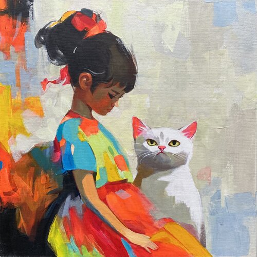 Best Friend - Little Girl and Cat von Mariia Kotiuzhynska, Malerei kaufen auf Singulart
