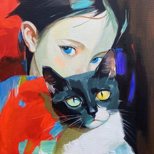 Meowgic Eyes - Little Girl and Cat Artwork par Mariia Kotiuzhynska, Peinture en vente sur Singulart