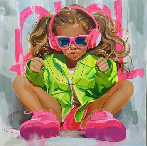 Neon Beat – Pop Art Girl with Headphones par Mariia Kotiuzhynska, Peinture en vente sur Singulart